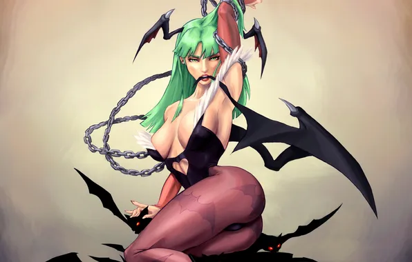 Girl, wings, minimalism, chain, vampire, bats, Morrigan, Darkstalkers
