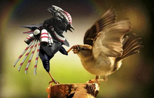 Bird, robot, stump, art, Sparrow
