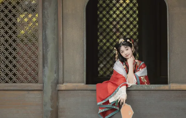 Girl, window, fan, costume, Asian