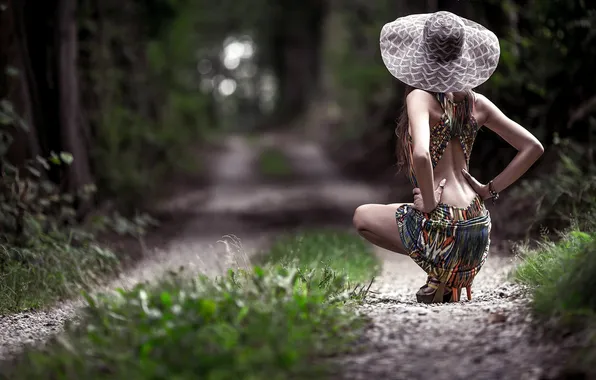 Grass, girl, trees, sexy, pose, Park, skirt, hat