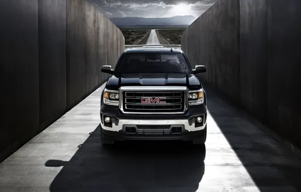 Road, Black, The hood, Shadow, Lights, Pickup, GMC, The front