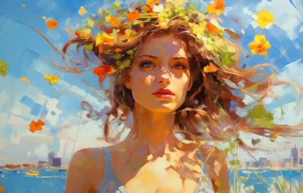 Summer, girl, flowers, nature, face, paint, portrait, picture