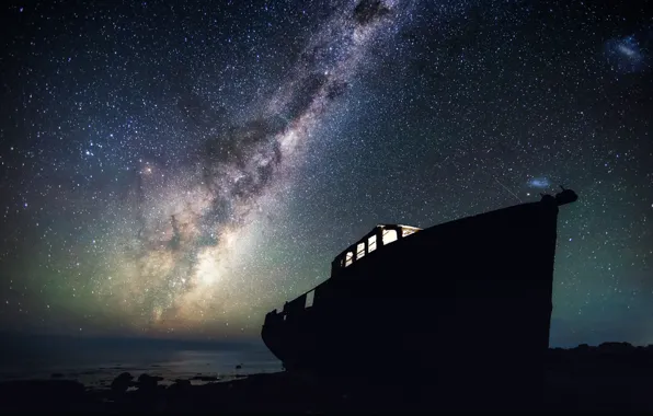 The sky, light, night, romance, shore, boat, stars, the skeleton