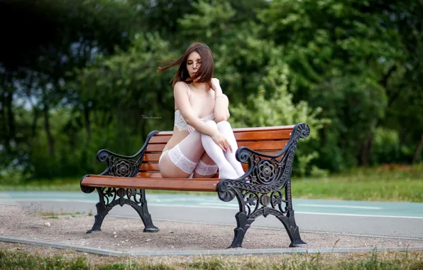 Trees, bench, sexy, pose, Park, model, panties, stockings