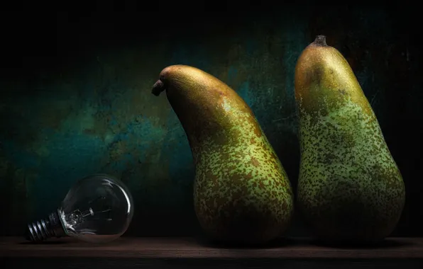 Light bulb, the dark background, wall, Board, still life, a couple, pear, two pears
