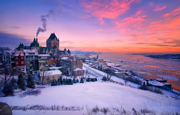 Picture winter, snow, sunset, river, building, home, Canada, Canada