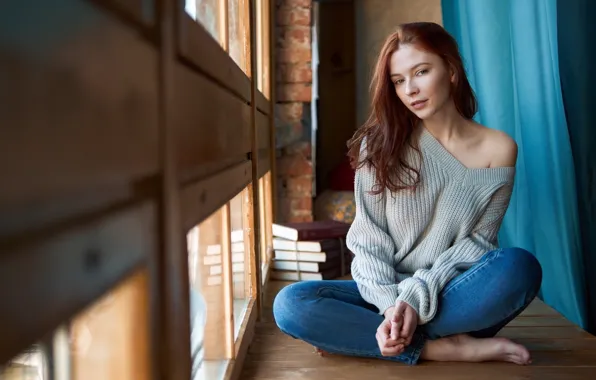 Beautiful, model, women, jeans, redhead, sitting, sweater, by the window