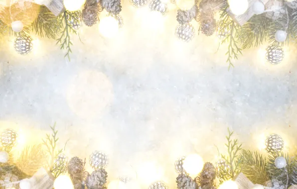 Balls, light, snow, holiday, texture, Christmas, New year, needles