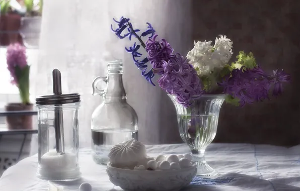 Glass, flowers, table, bouquet, candy, dishes, sugar, vase