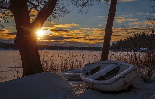Winter, lake, boat, morning