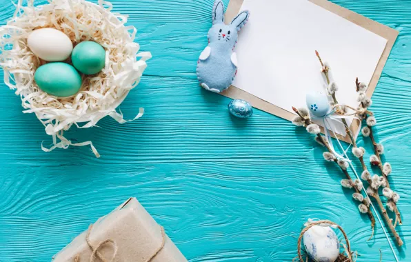Picture branches, gift, eggs, spring, Easter, wood, Verba, blue