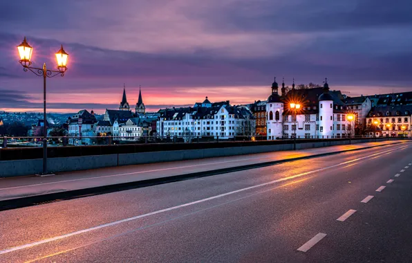 The city, lights, river, building, the evening, Germany, Altstadt, bridge over the Moselle
