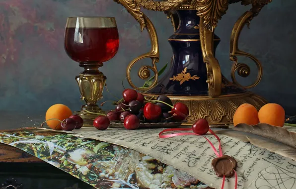 Letter, cherry, wine, glass, still life, apricots, Andrey Morozov