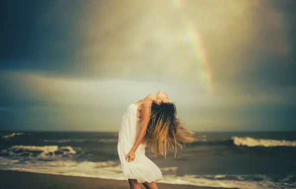 Picture sea, girl, mood, rainbow
