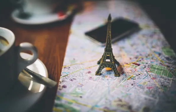 Macro, table, map, mug, phone, Eiffel tower, keychain, gadget