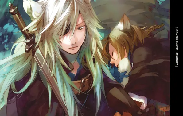 Sword, eye patch, two guys, visual novel, rai, lamento, konoe, long white hair