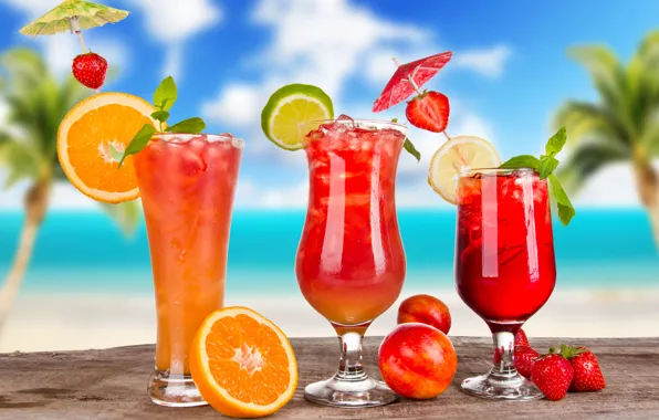 Ice, summer, berries, lemon, orange, glasses, strawberry, umbrellas