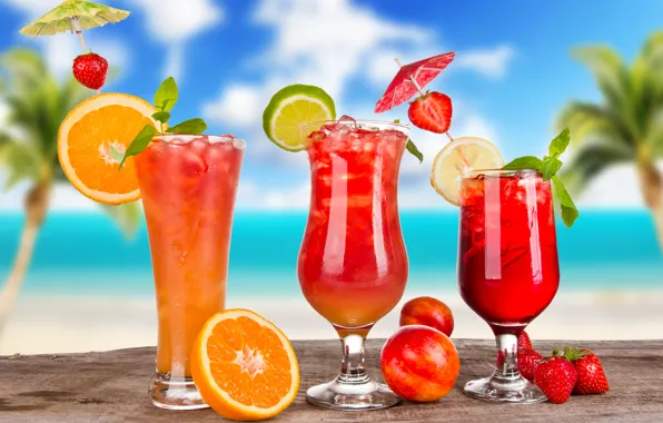 Picture ice, summer, berries, lemon, orange, glasses, strawberry, umbrellas