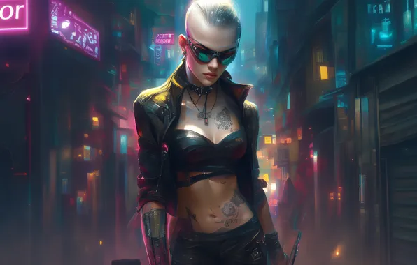 Picture Girl, City, wallpaper, Girls, Neon, Tattoo, Glasses, Cyberpunk