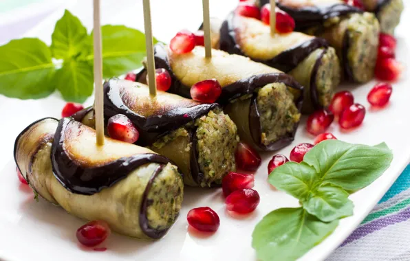 Food, eggplant, garnet, filling, appetizer, rolls