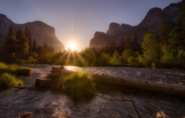 The sun, rays, mountains, USA, Yosemite, Yosemite national Park