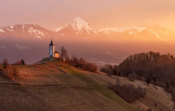 Picture light, trees, mountains, hills, Church