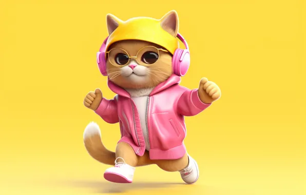 Cat, cat, look, kitty, pink, legs, headphones, red