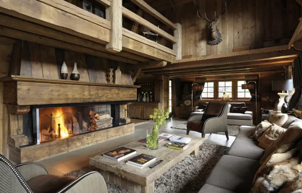 Picture trees, design, style, Villa, interior, fireplace, living room