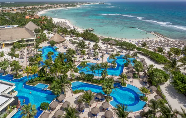 Picture sea, beach, clouds, palm trees, the ocean, pool, horizon, The hotel