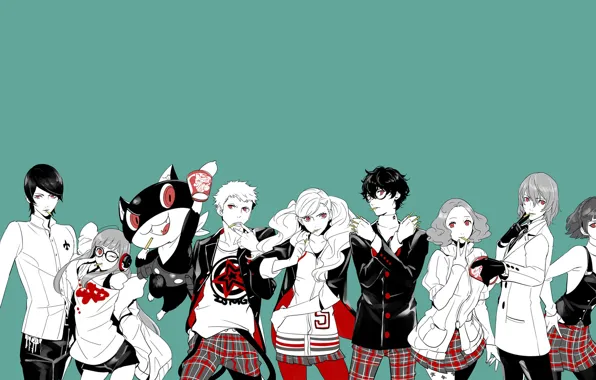 Picture the game, anime, art, characters, blue background, Person 5, Persona 5