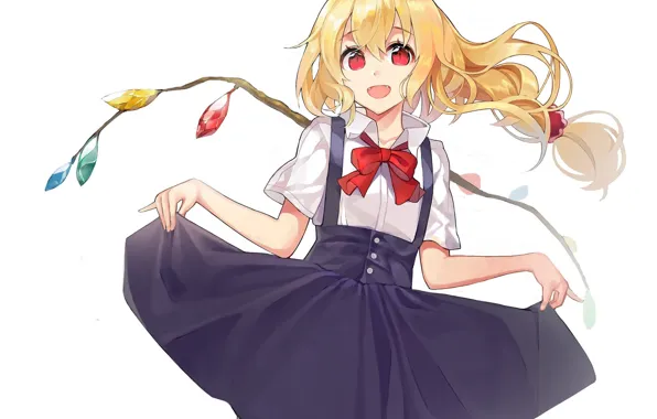 White background, crystals, bow, wings, red eyes, long hair, sundress, Touhou