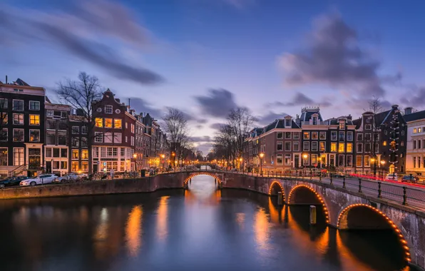 Bridge, lights, the evening, Amsterdam, channel, Netherlands, Amsterdam, Holland