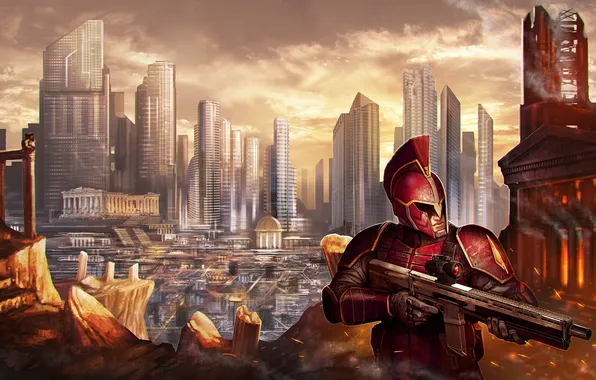 Picture the city, weapons, warrior, art, megapolis, armor