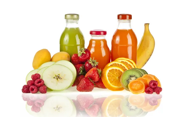 Picture reflection, apples, oranges, strawberry, fruit, banana, natural juice, bottle