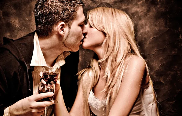 Picture girl, love, tenderness, glass, kiss, Wine, touch, guy