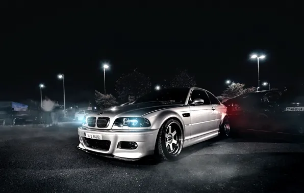 BMW, night, front, E46, silvery