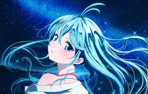 Night, face, river, stars, girl, blue eyes, The Milky Way, blue hair