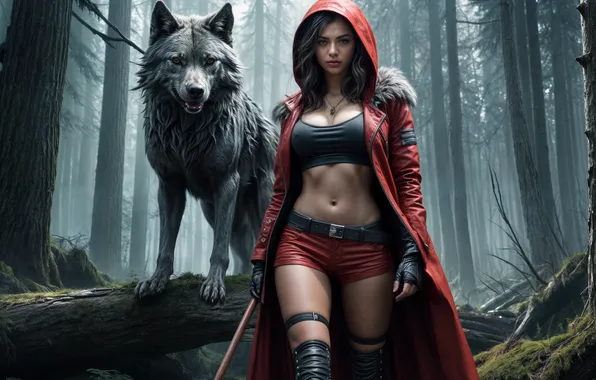 Forest, girl, wolf, Little red riding hood, the image is generated by AI