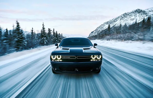 Picture sky, dodge, challenger, mountains, speed, racing, spruce, movement