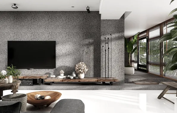 Green, grey, tree, interior, modern, plants, concrete, living room