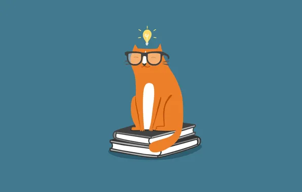 Picture cat, cat, minimalism, glasses, book, light bulb, cat, textbooks