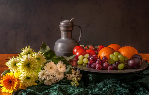 Picture flowers, berries, pitcher, fruit, still life