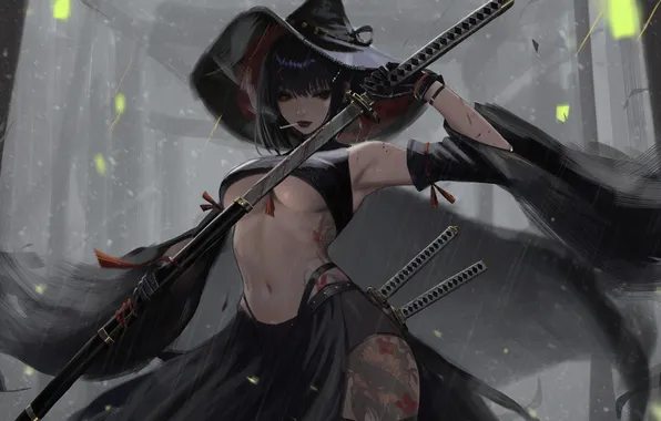 Wallpaper looking at viewer, short hair, Neor Art, women outdoors, women with swords, belly, armpits, big …