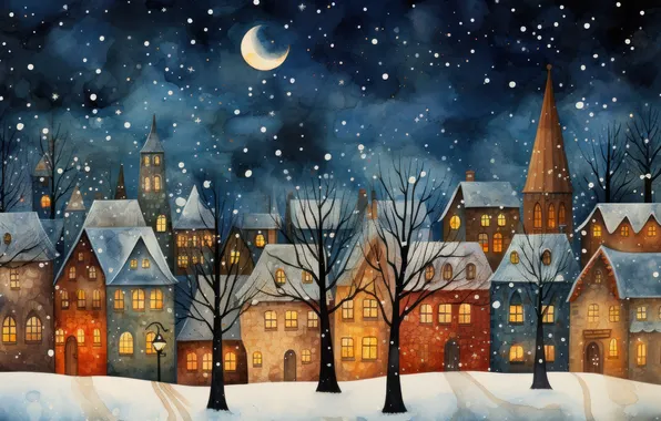 Winter, the sky, stars, snow, trees, night, the city, the moon