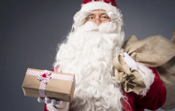 Box, gift, glasses, Christmas, New year, beard, grey background, Santa Claus