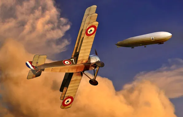 Clouds, The airship, German, WWI, Sopwith Triplane, The first World war, Fighter-Triplane