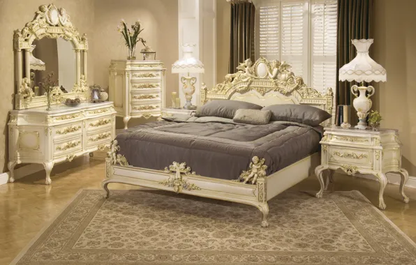 Flowers, lamp, gold, furniture, bed, mirror, vase, luxury