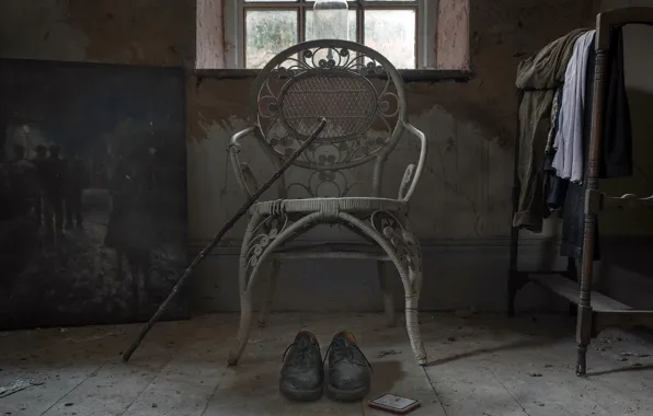 Shoes, chair, cane, naturalism