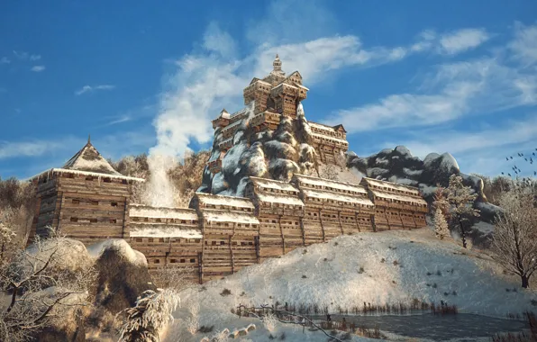 Snow, tower, hill, fortress, The Tustan