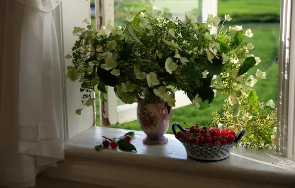 Picture summer, leaves, flowers, cherry, berries, frame, home, bouquet